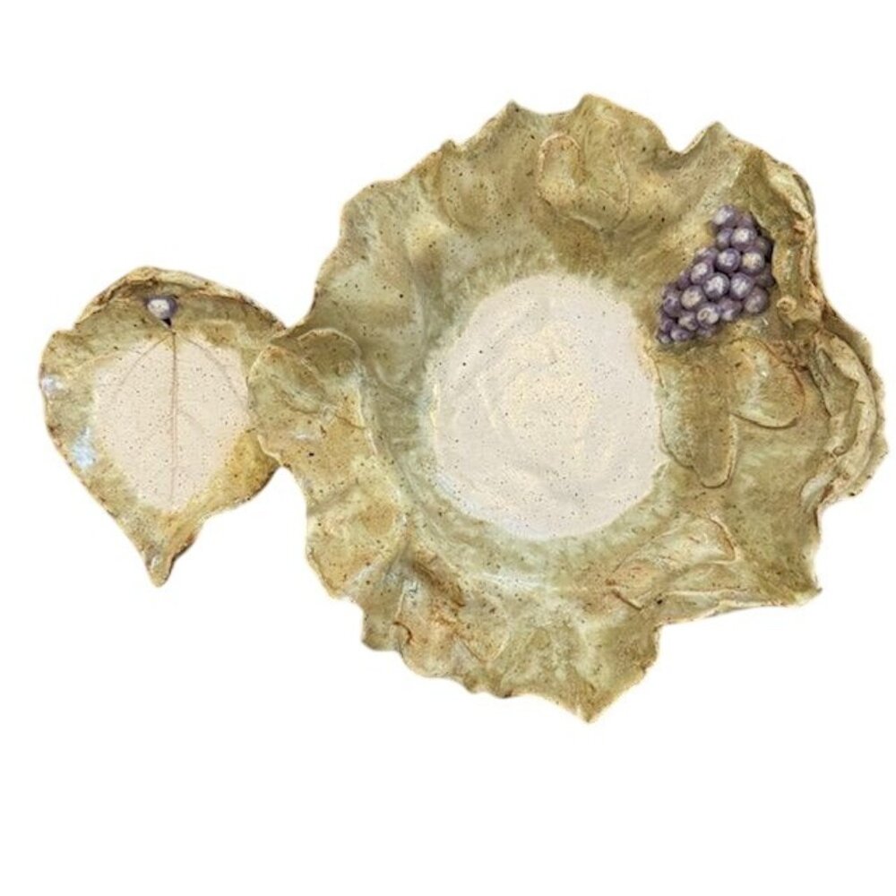 Handcrafted Ceramic Leaf-Shaped Bowl & Tray Set With Grape Detailing Nature-Insp
